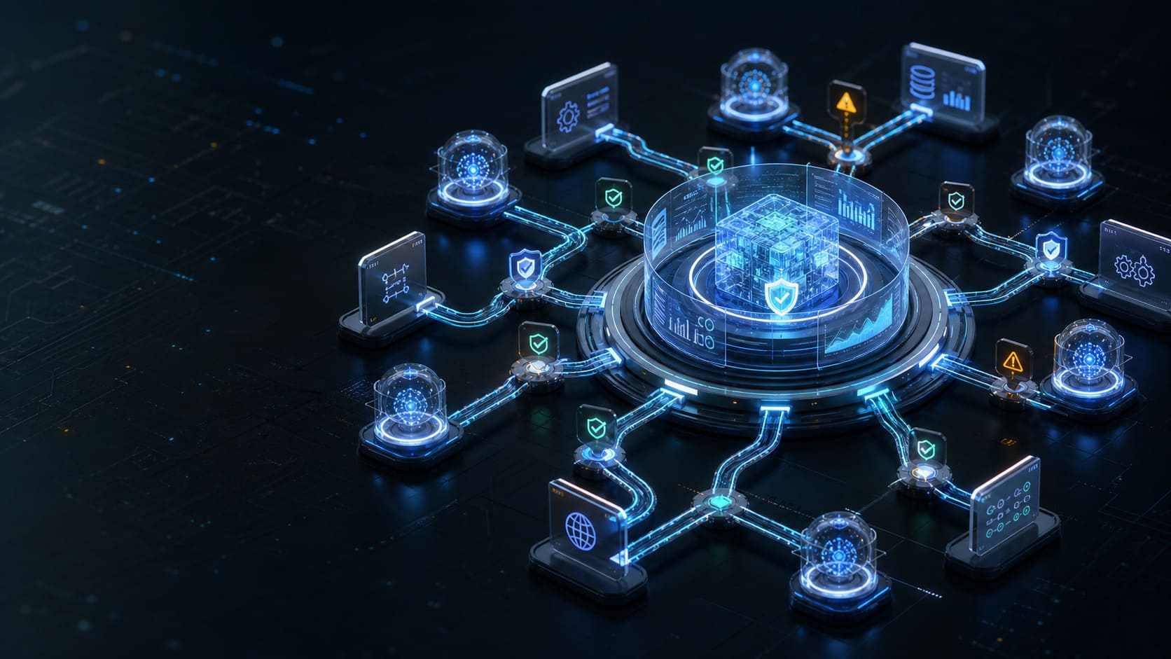 Futuristic AI agent network with a glowing Trustabl logo at the center, representing reliability engineering, orchestration, policy, and production-ready agent systems.