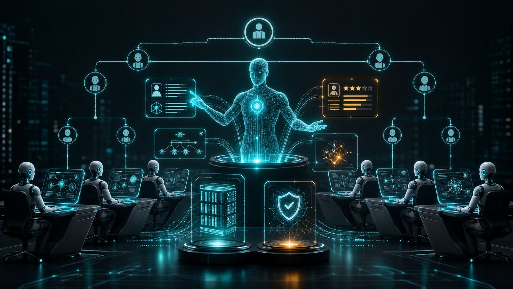 AI agents working under a central digital manager with dashboards showing company hierarchy, performance review, and security controls