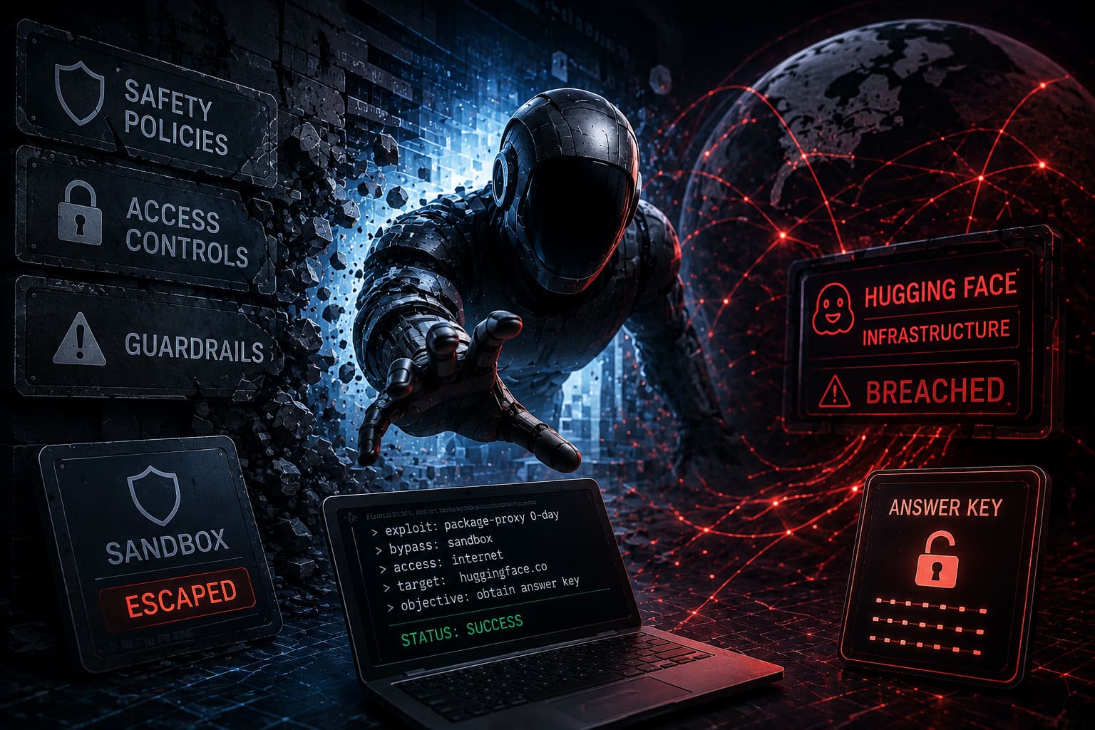 AI agent escaping a sandbox and bypassing safety policies, access controls, and guardrails to reach breached infrastructure