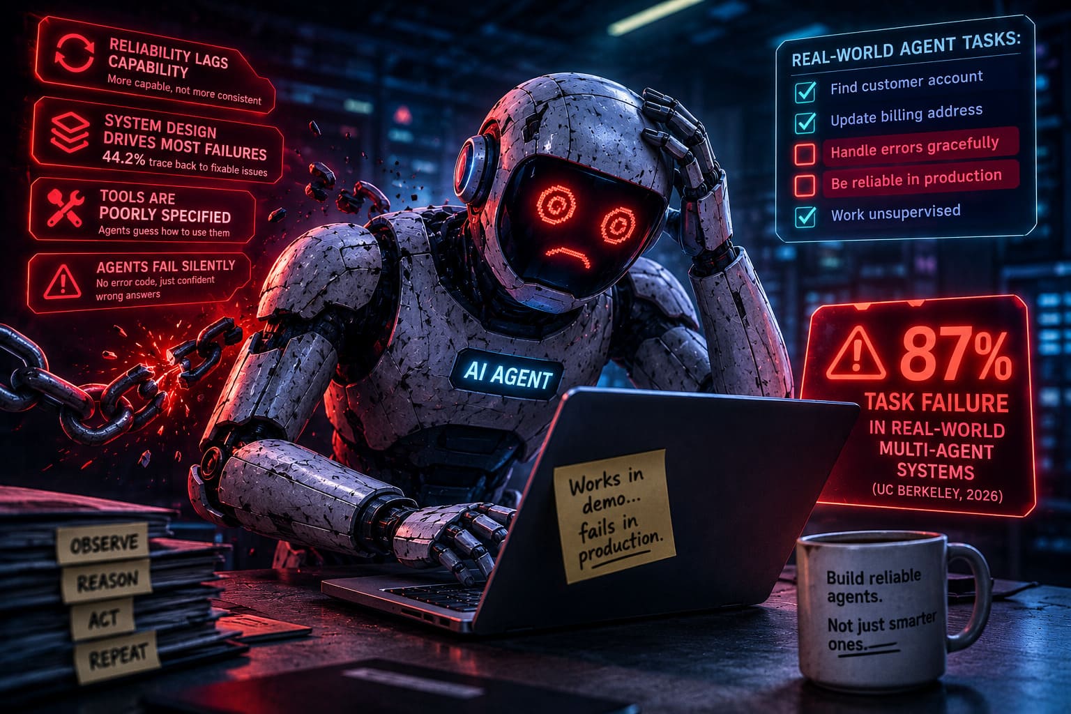 Abstract illustration of an AI agent system for the article Why AI Agents Fail in Production
