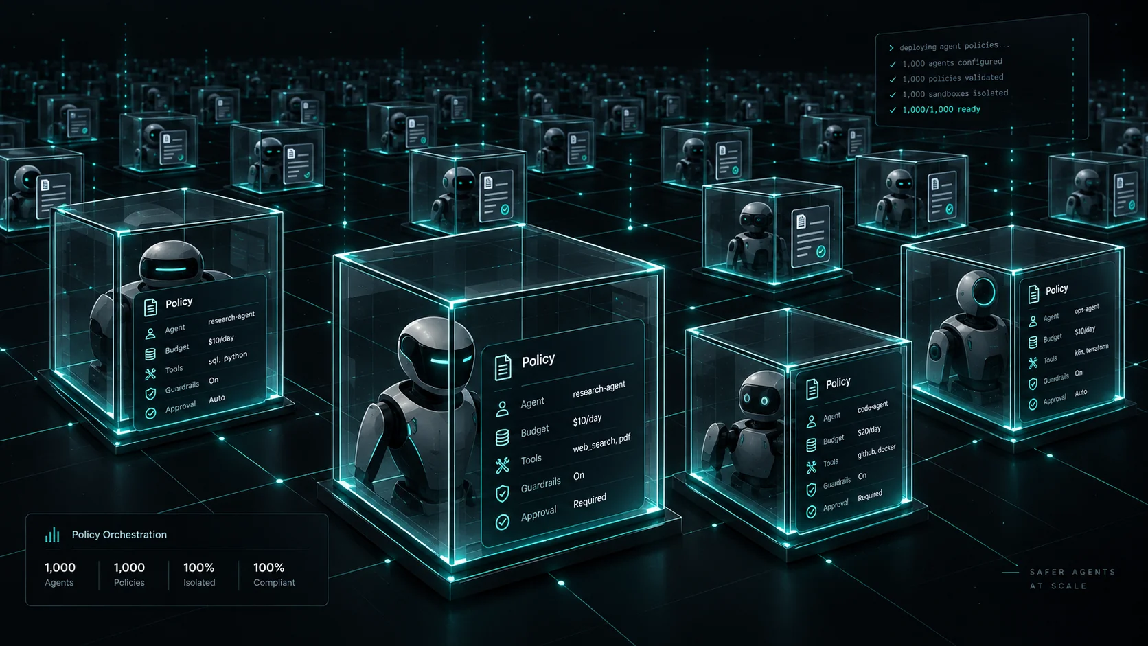 AI agents isolated in glowing sandboxes, each governed by a custom policy for identity, budget, tools, guardrails and approvals.
