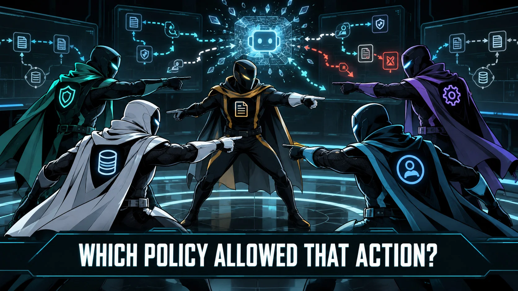 Five AI policy agents pointing at each other, illustrating AI agent split-brain and conflicting production governance.