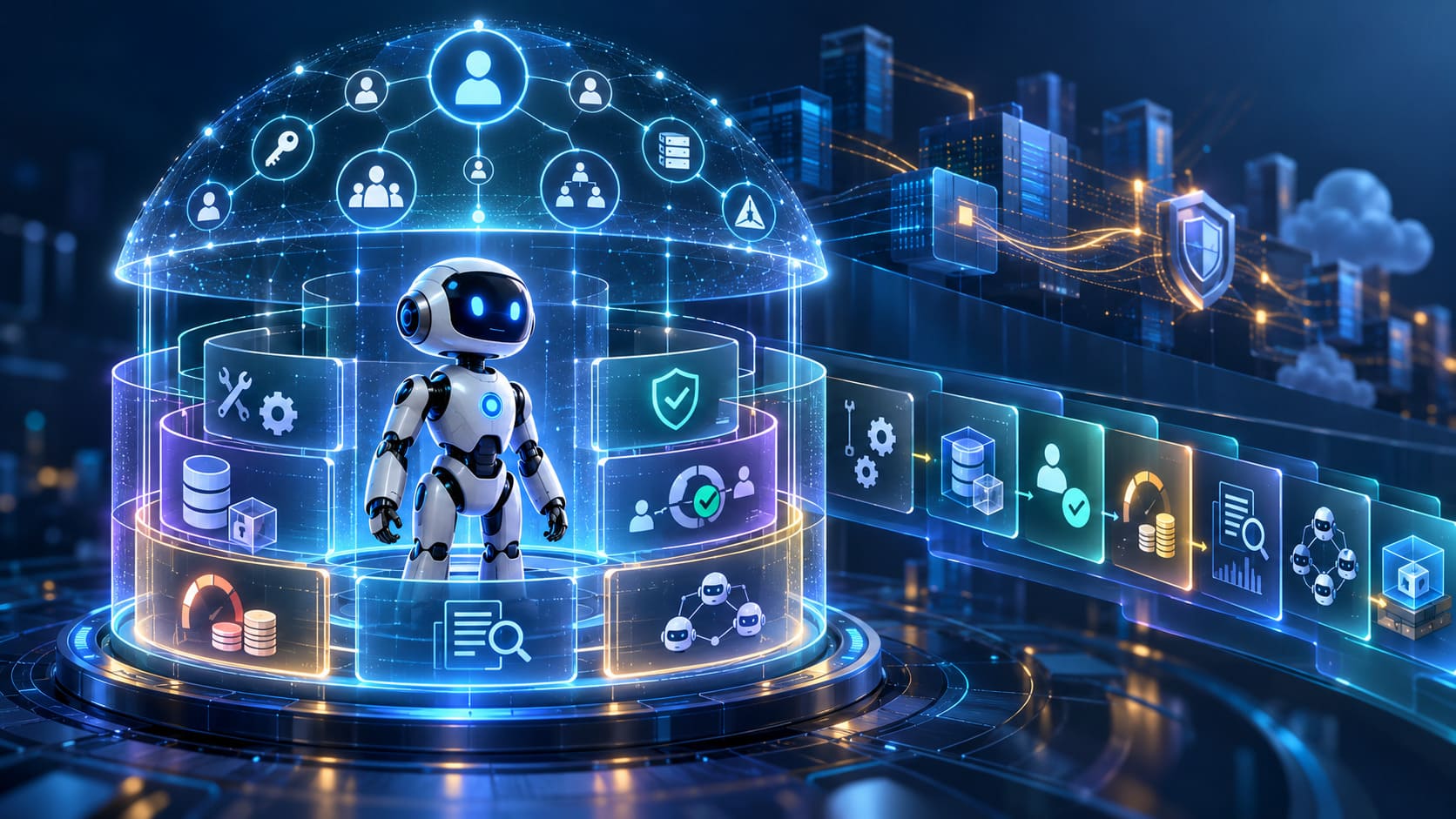 AI agent identity and security illustration showing access permissions, policy enforcement, and governance controls